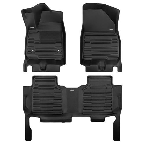 A set of black TuxMat car floor mats for Cadillac XT5 models.