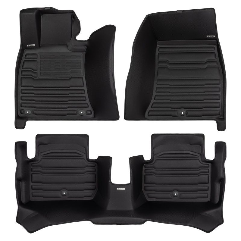 A set of black TuxMat car floor mats for Kia Stinger models.