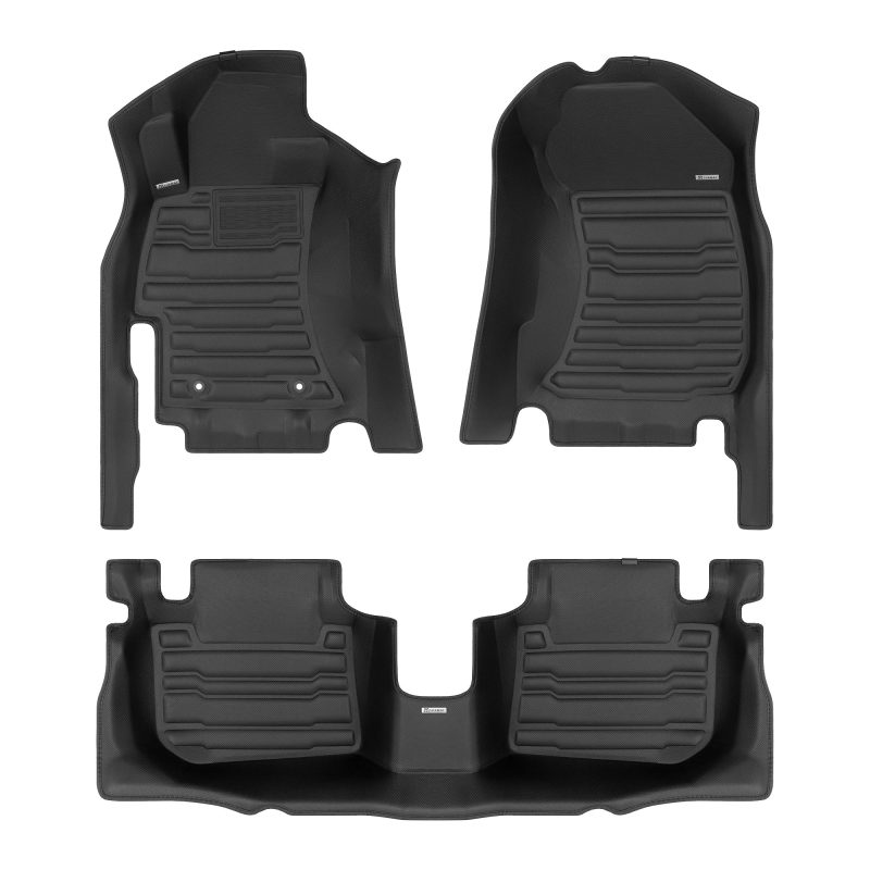 A set of black TuxMat car floor mats for Subaru WRX/STI models.