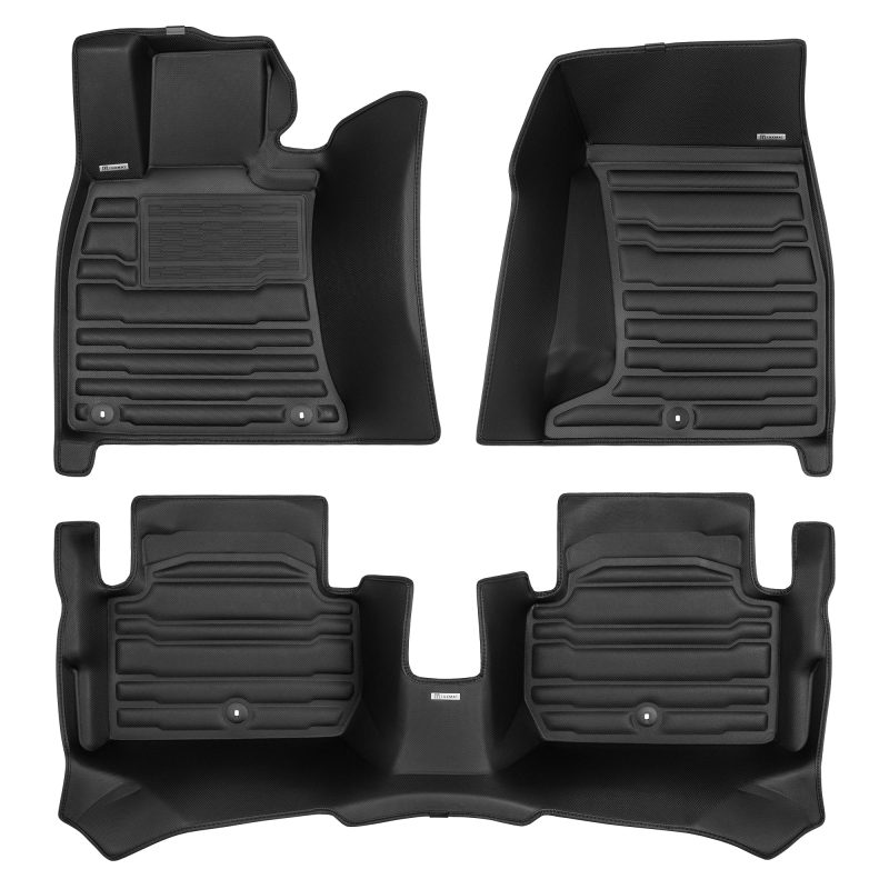 A set of black TuxMat car floor mats for Kia Stinger models.