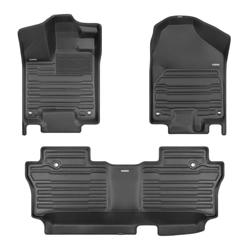 A set of black TuxMat car floor mats for Honda Passport models.