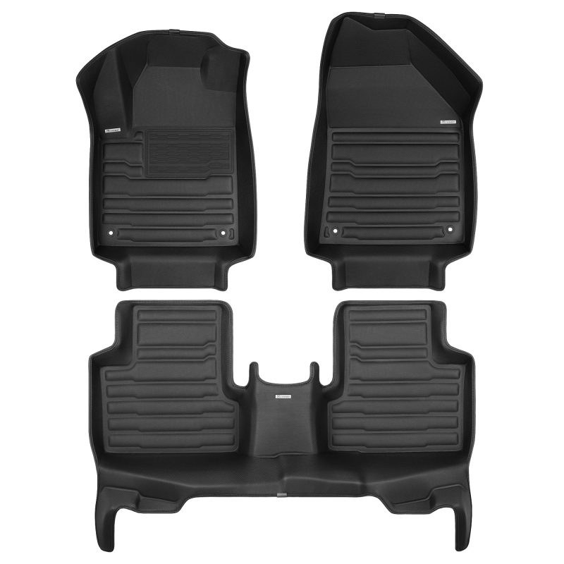 A set of black TuxMat car floor mats for Jeep Cherokee models.