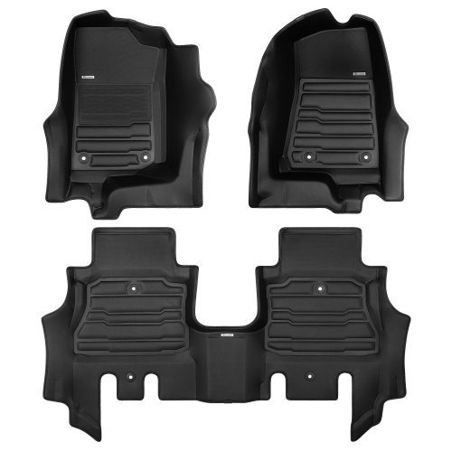 A set of black TuxMat car floor mats for Jeep Wrangler models.