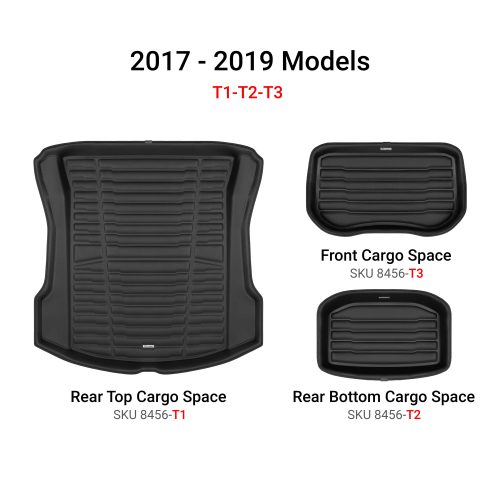 A set of black TuxMat trunk mats for Tesla Model 3 models.