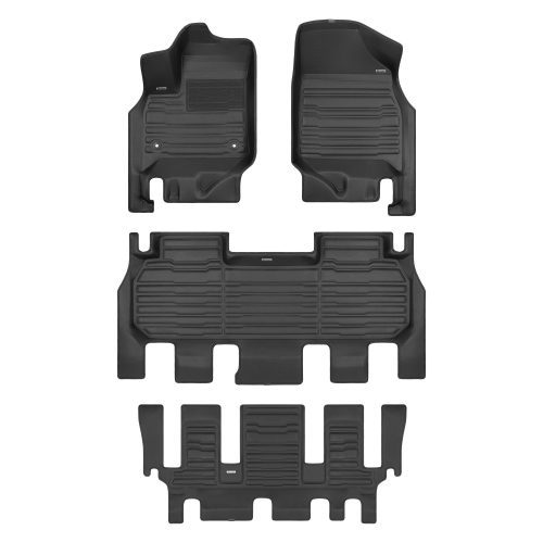 A set of black TuxMat car floor mats for Chevrolet Traverse models.