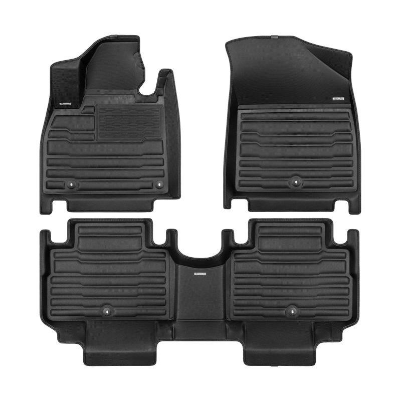 A set of black TuxMat car floor mats for Kia Telluride models.