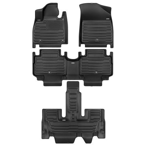 A set of black TuxMat car floor mats for Kia Telluride models.