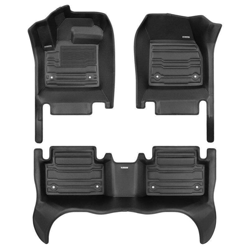 A set of black TuxMat car floor mats for Range Rover Evoque models.