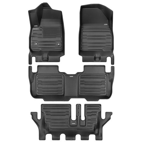 A set of black TuxMat car floor mats for Cadillac XT6 models.