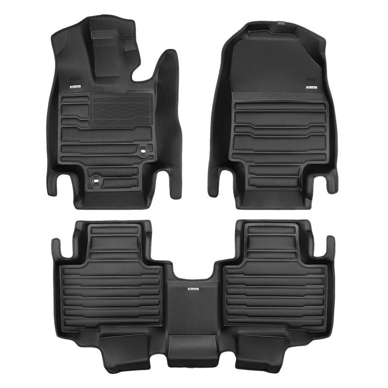 A set of black TuxMat car floor mats for Toyota Highlander models.