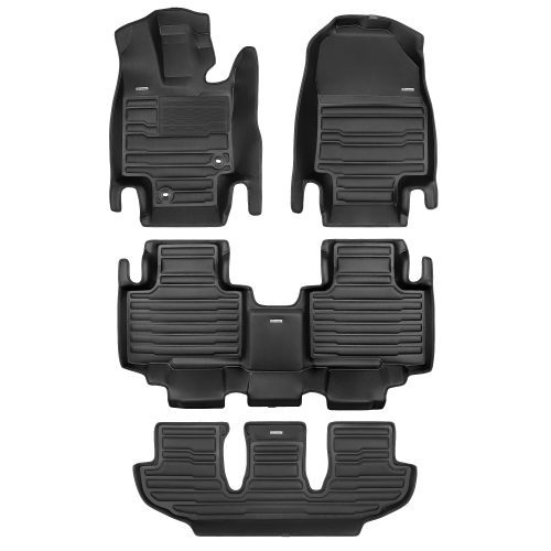 A set of black TuxMat car floor mats for Toyota Highlander models.