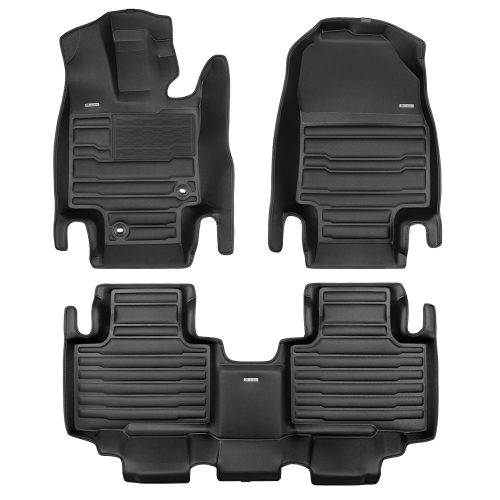 A set of black TuxMat car floor mats for Toyota Highlander models.