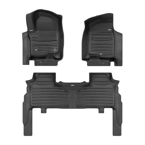 A set of black TuxMat car floor mats for Chevrolet Tahoe models.