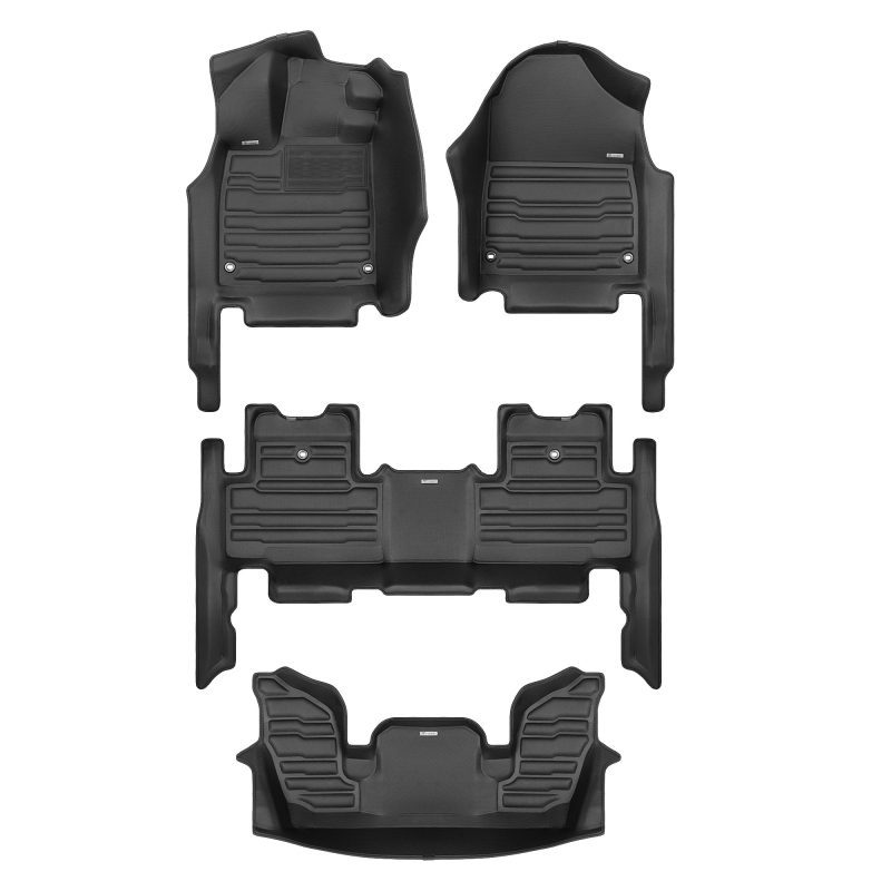 A set of black TuxMat car floor mats for Acura MDX models.