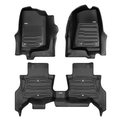 A set of black TuxMat car floor mats for Jeep Wrangler models.