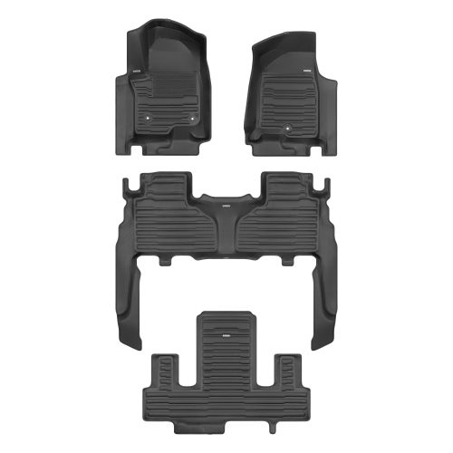 A set of black TuxMat car floor mats for Cadillac Escalade models.