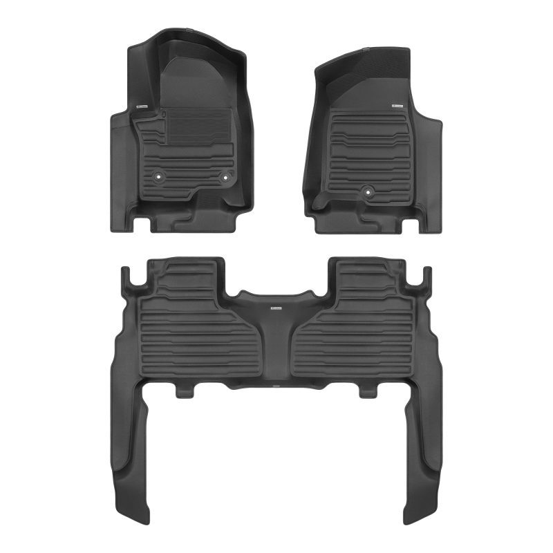 A set of black TuxMat car floor mats for Cadillac Escalade models.