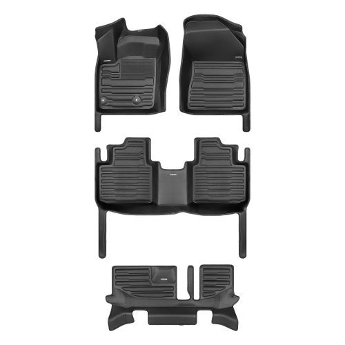 A set of black TuxMat car floor mats for Mitsubishi Outlander models.