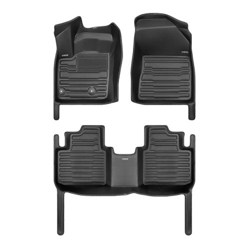 A set of black TuxMat car floor mats for Mitsubishi Outlander models.