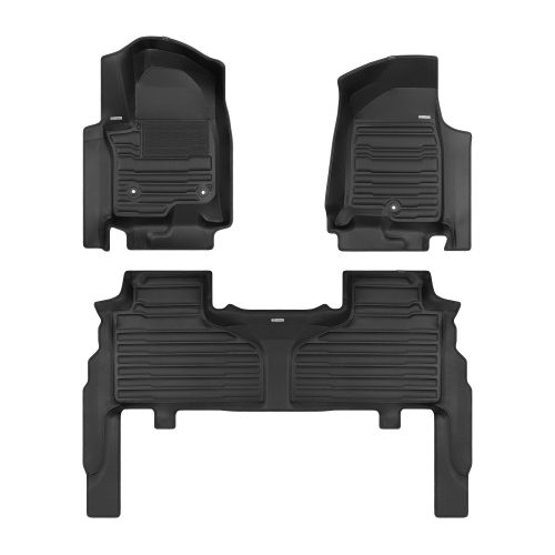 A set of black TuxMat car floor mats for Cadillac Escalade models.