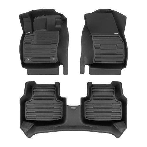 A set of black TuxMat car floor mats for Volkswagen Taos models.