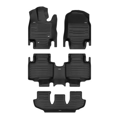 A set of black TuxMat car floor mats for Toyota Highlander models.