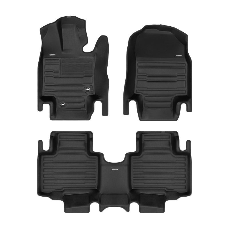 A set of black TuxMat car floor mats for Toyota Highlander models.