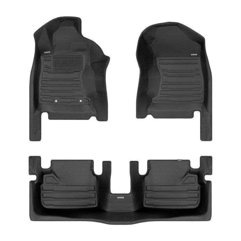 A set of black TuxMat car floor mats for Subaru WRX models.