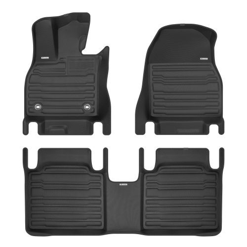 A set of black TuxMat car floor mats for Subaru Solterra models.