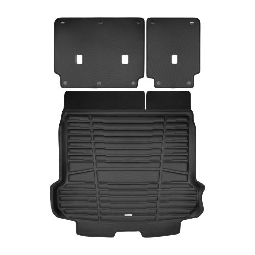 A set of black TuxMat car trunk mats for VinFast VF8 models.