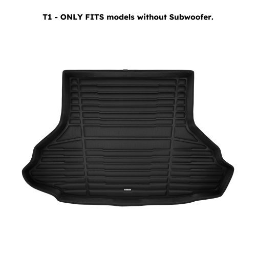 A set of black TuxMat trunk mats for Ford Mustang models.