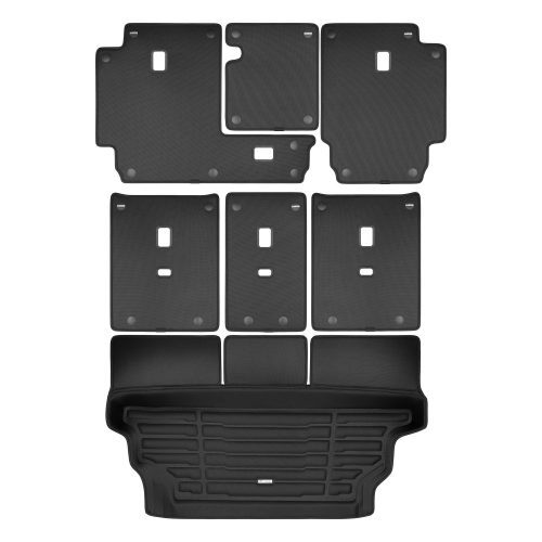 A set of black TuxMat car trunk mats for Land Rover Defender models.