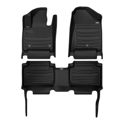 A set of black TuxMat car floor mats for Hyundai Santa Fe models.