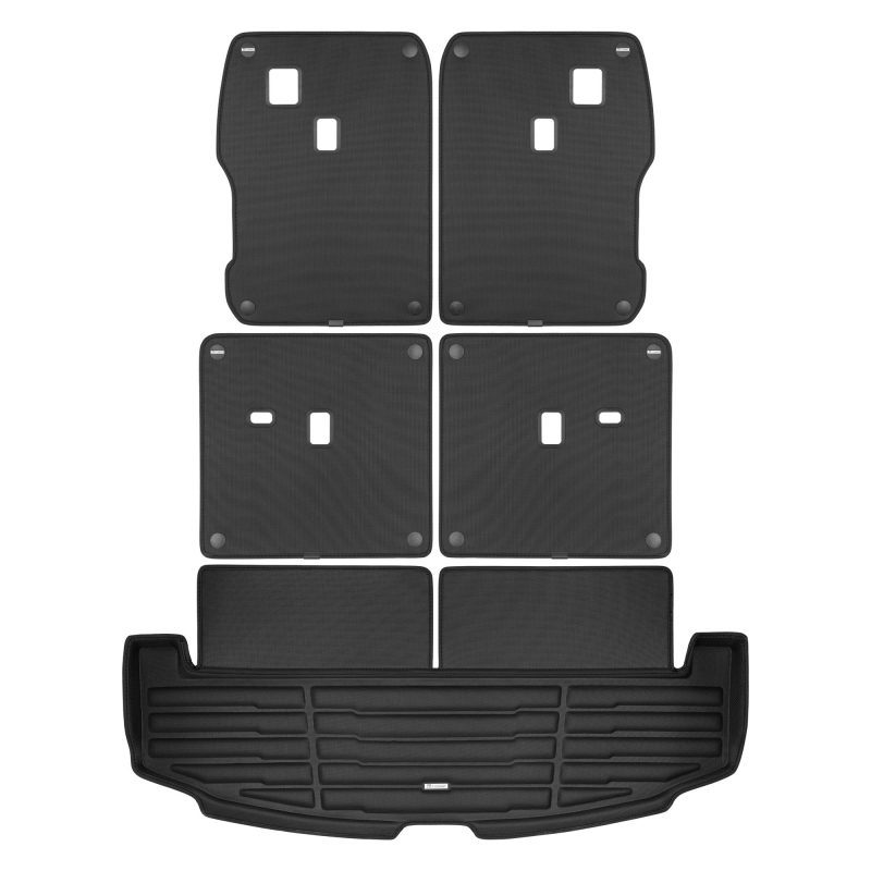 A set of black TuxMat trunk mats for Hyundai Santa Fe models.