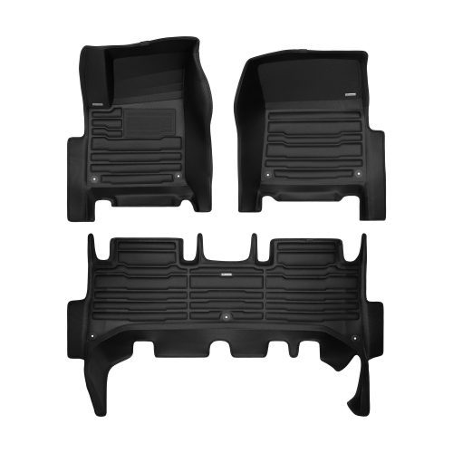 A set of black TuxMat car floor mats for Rivian R1T models.